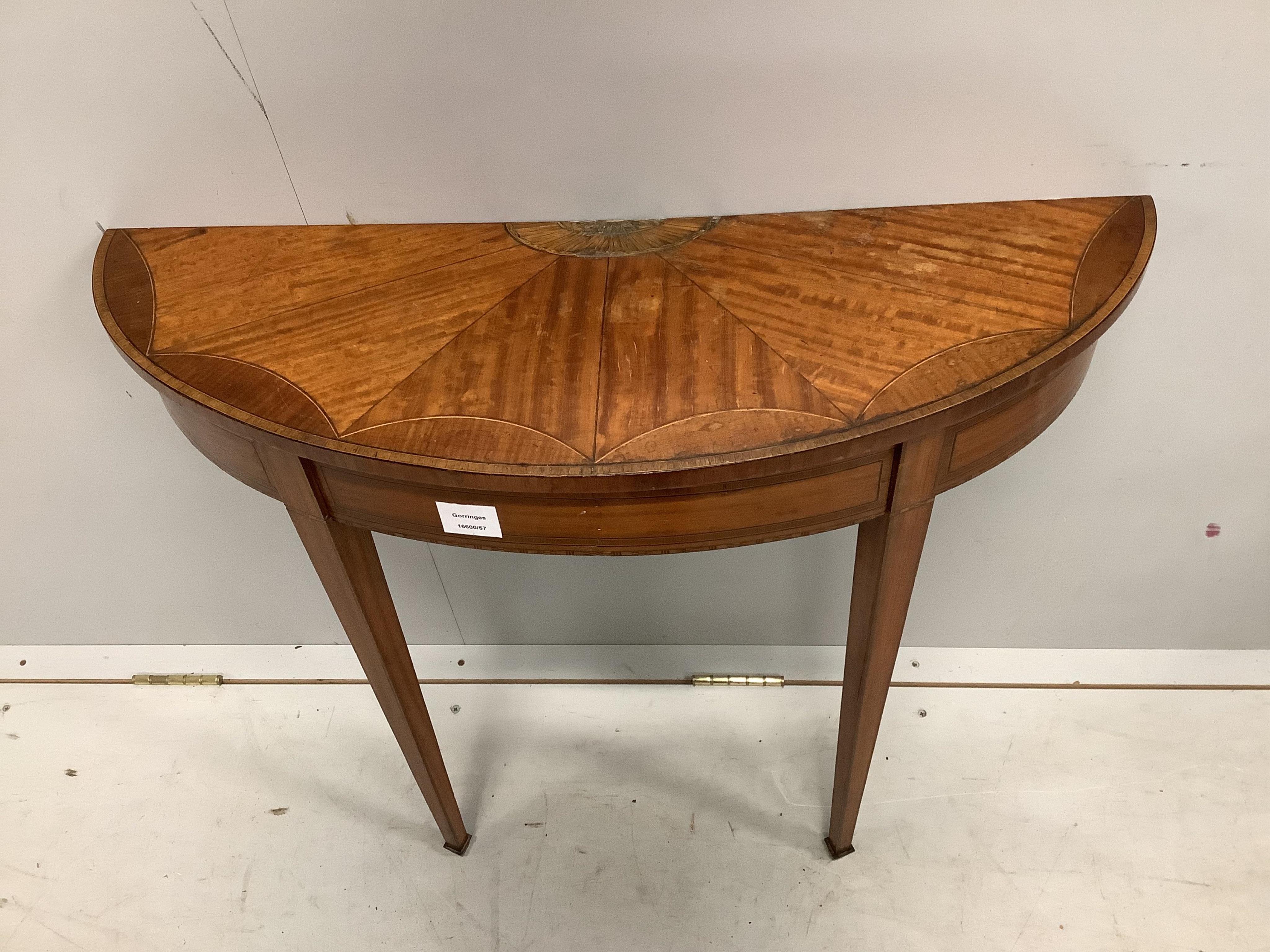 A small Sheraton style inlaid satinwood D shaped console table, width 76cm, depth 25cm, height 71cm. Condition - fair